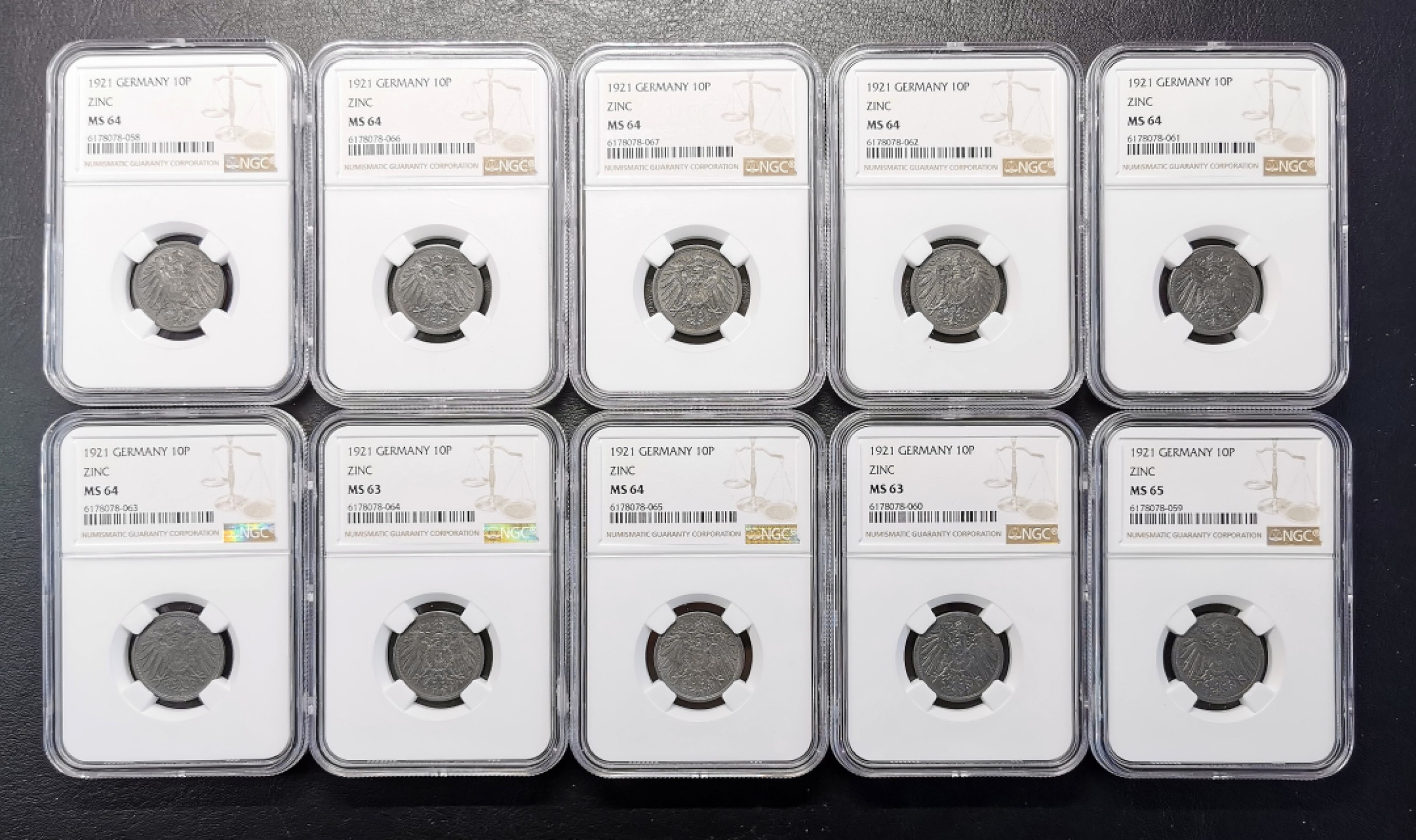 凡希社世界钱币微拍第二百十五期——德奥专场 原卷1921德意志第二帝国10芬尼锌币十枚NGC连号附包装纸！