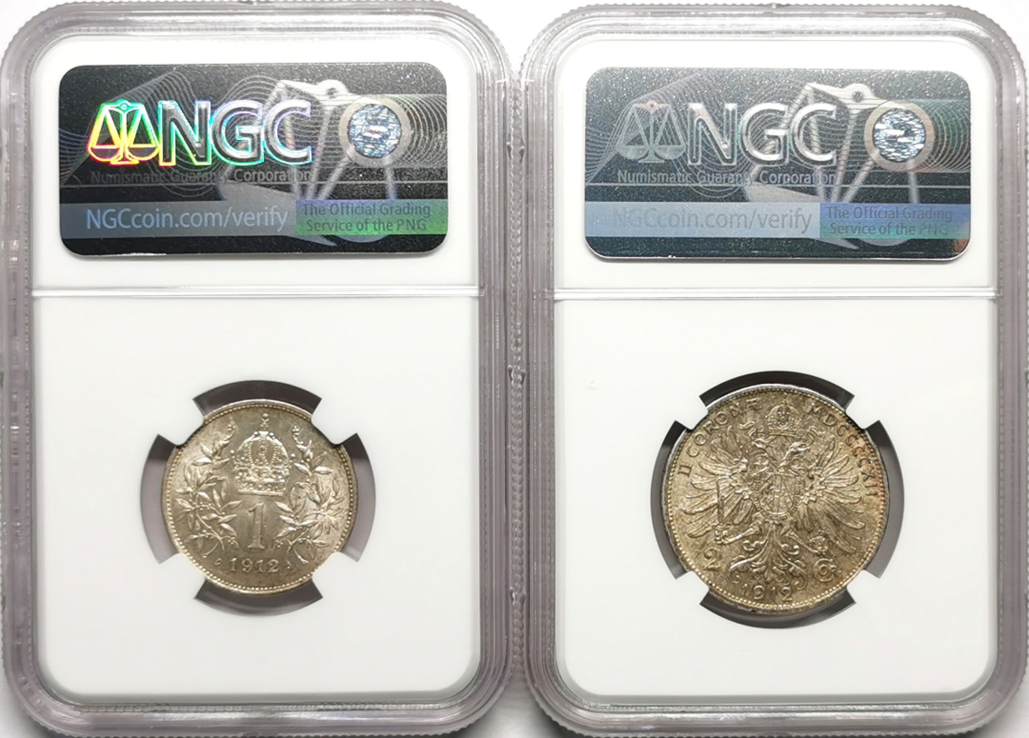 凡希社世界钱币微拍第二百十五期——德奥专场 1912奥地利1C/2C银币一对NGC-MS63/64