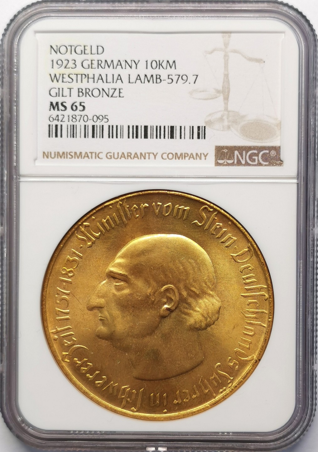 凡希社世界钱币微拍第二百十五期——德奥专场 1923威斯特伐利亚马币10000马克镀金币NGC-MS65附原盒证书！