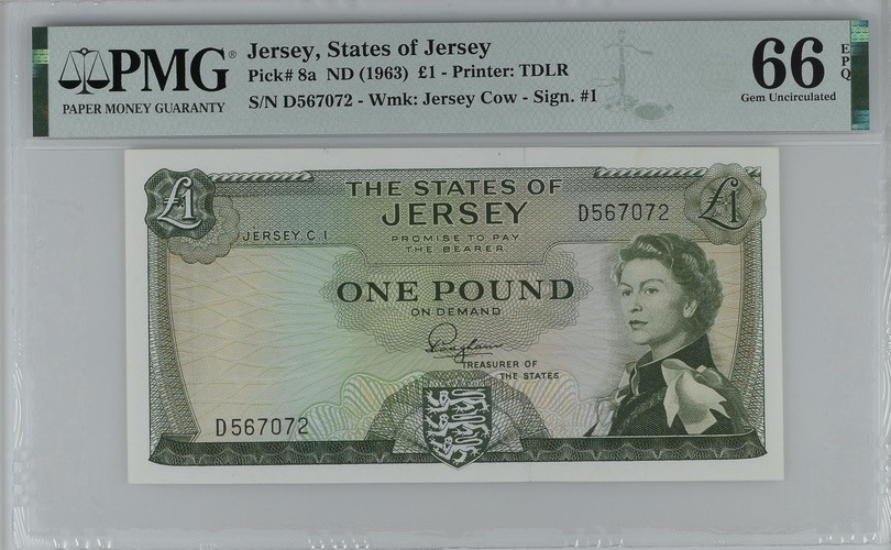 收藏联盟Quantum Auction 第199期拍卖  泽西岛1963年1镑 PMG66 戎装女王 奥格尔山城堡