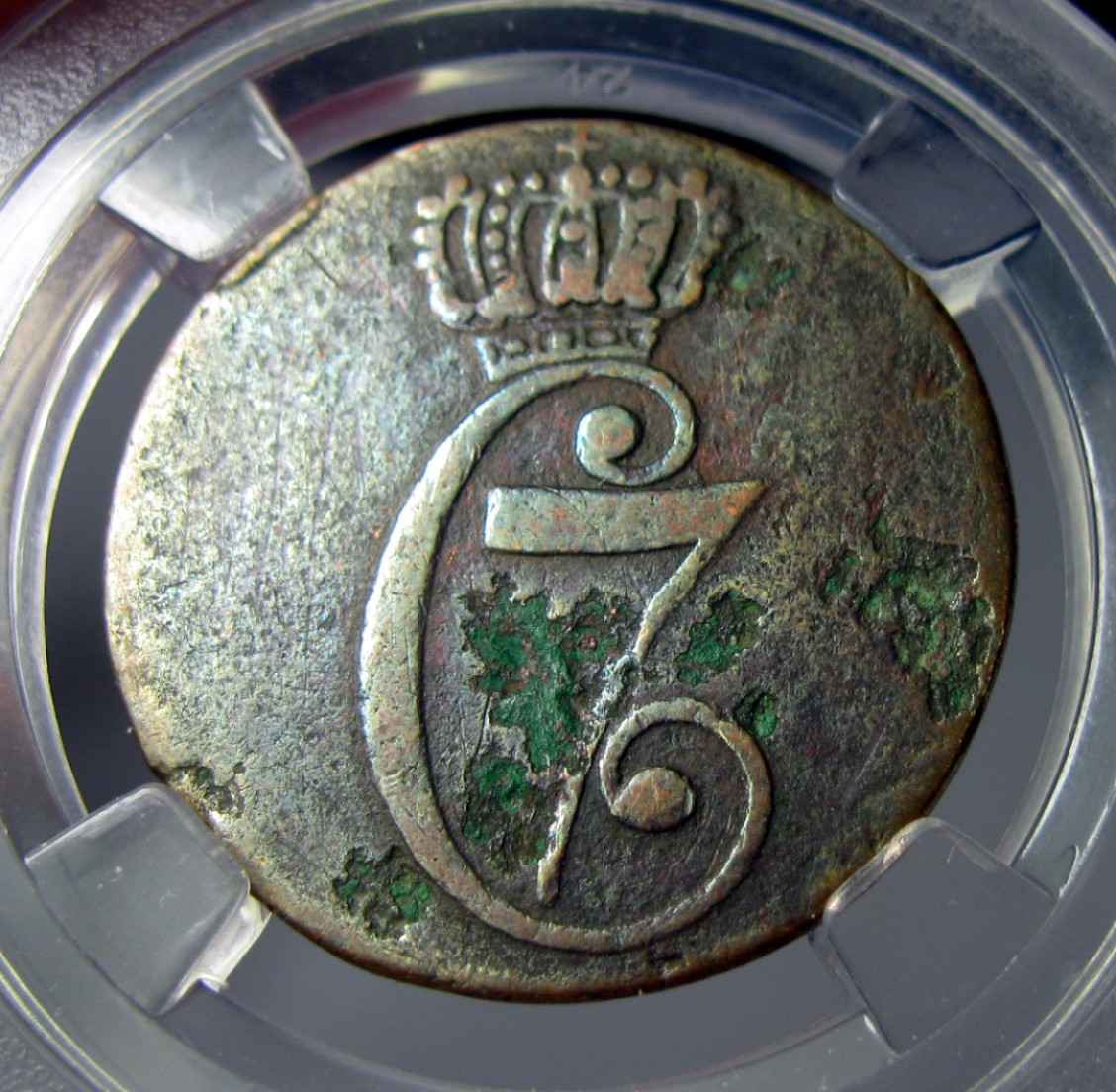 丹麦铜币,1771克里斯蒂安七世,半斯基林,24mm,5.4g,少见币,目录价XF 250美元,自打标签盒子R0419mx