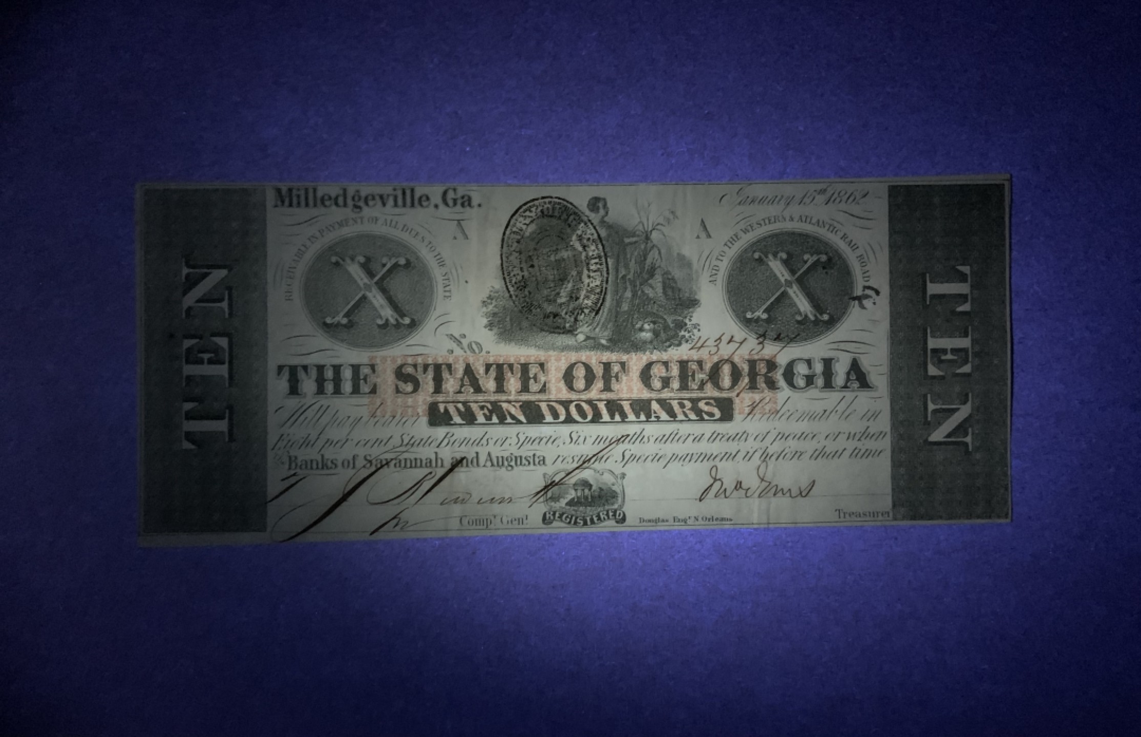 收藏联盟Quantum Auction 第199期拍卖  美国1862年佐治亚州萨凡纳和奥古斯塔银行10元 品相UNC- 稀少手签实票