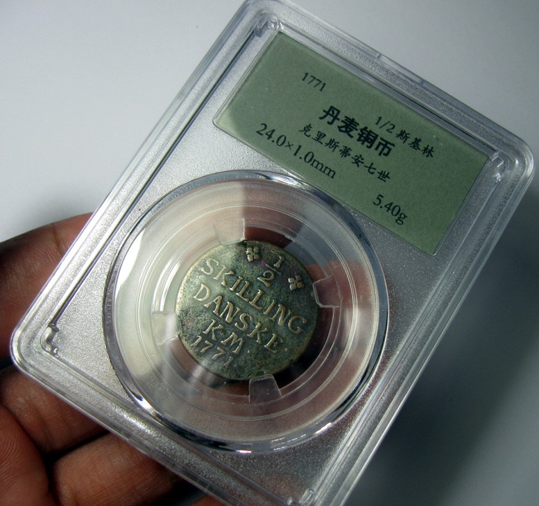 丹麦铜币,1771克里斯蒂安七世,半斯基林,24mm,5.4g,少见币,目录价XF 250美元,自打标签盒子R0419mx