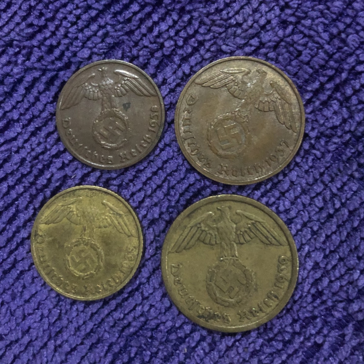 【保诚微拍】第36期  古今中外币章（部分评级）14号晚上七点半自动开拍！！！ 德国 二战期间 1937-1939年 1、2、5、10芬妮 铜币 四枚一套