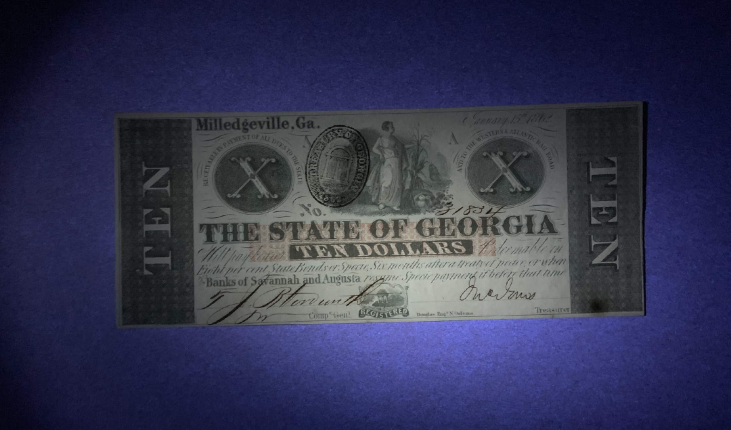 收藏联盟Quantum Auction 第199期拍卖  美国1862年佐治亚州萨凡纳和奥古斯塔银行10元 品相UNC 稀少手签实票