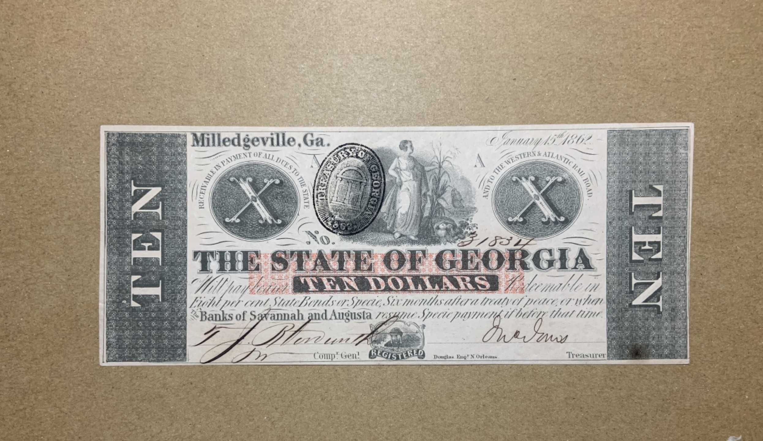 收藏联盟Quantum Auction 第199期拍卖  美国1862年佐治亚州萨凡纳和奥古斯塔银行10元 品相UNC 稀少手签实票
