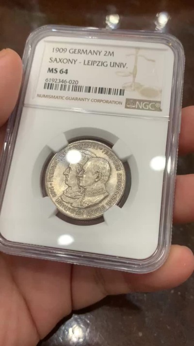 《竞宝斋》第106场-周日，周一 2场连拍（全场包邮） NGC-MS64 德国1909年 萨克森莱 比锡大学 2马克 银币