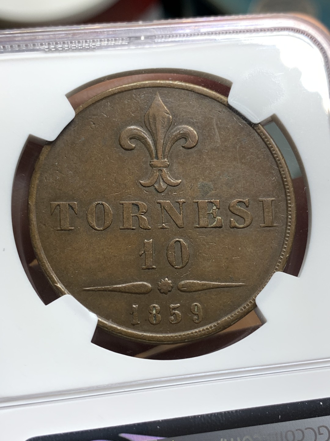 《竞宝斋》第106场-周日，周一 2场连拍（全场包邮） NGC-XF45 意大利那不勒斯1859年10托 少见弗朗西斯二世单年版 31.18g大铜 齿边压印向左 少见品种