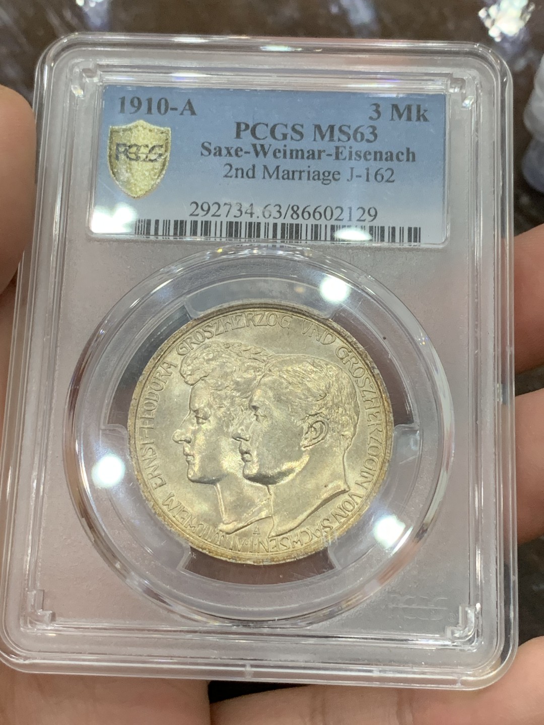 《竞宝斋》第106场-周日，周一 2场连拍（全场包邮） PCGS MS63 德国萨克斯魏玛艾森纳赫 1910年 3马克 银币