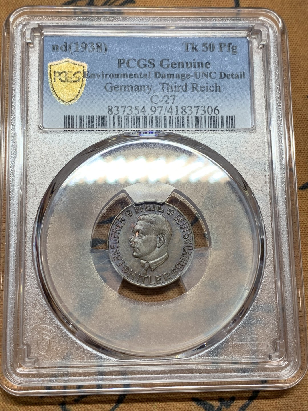 《竞宝斋》第106场-周日，周一 2场连拍（全场包邮） PCGS UNC97 德国1938年 小胡子 50芬尼 代用币 这个头像带面值的基本见不到，这个细节好给了97 比较遗憾