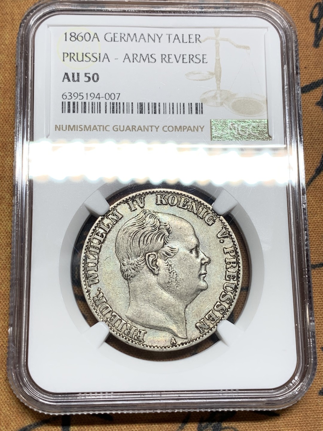 《竞宝斋》第106场-周日，周一 2场连拍（全场包邮） NGC-AU50 德国普鲁士 1860年 洋葱头1泰勒大银币 原味好品