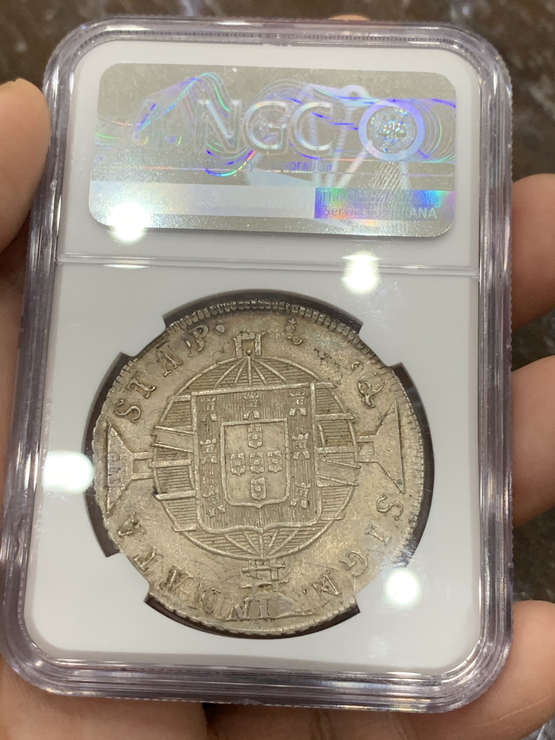 《竞宝斋》第106场-周日，周一 2场连拍（全场包邮） NGC-MS62 1819R葡属巴西地球960里斯大银 金色淡彩！暴涨品种 这种味道的少了