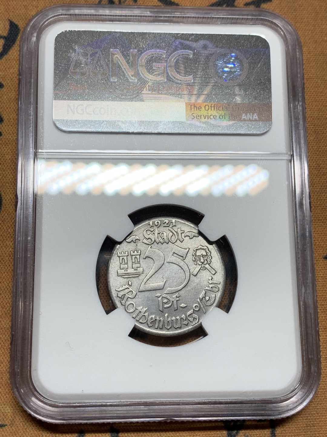 《竞宝斋》第106场-周日，周一 2场连拍（全场包邮） NGC MS63 德国 德紧1921 罗滕堡 25芬妮 少见品种带景观