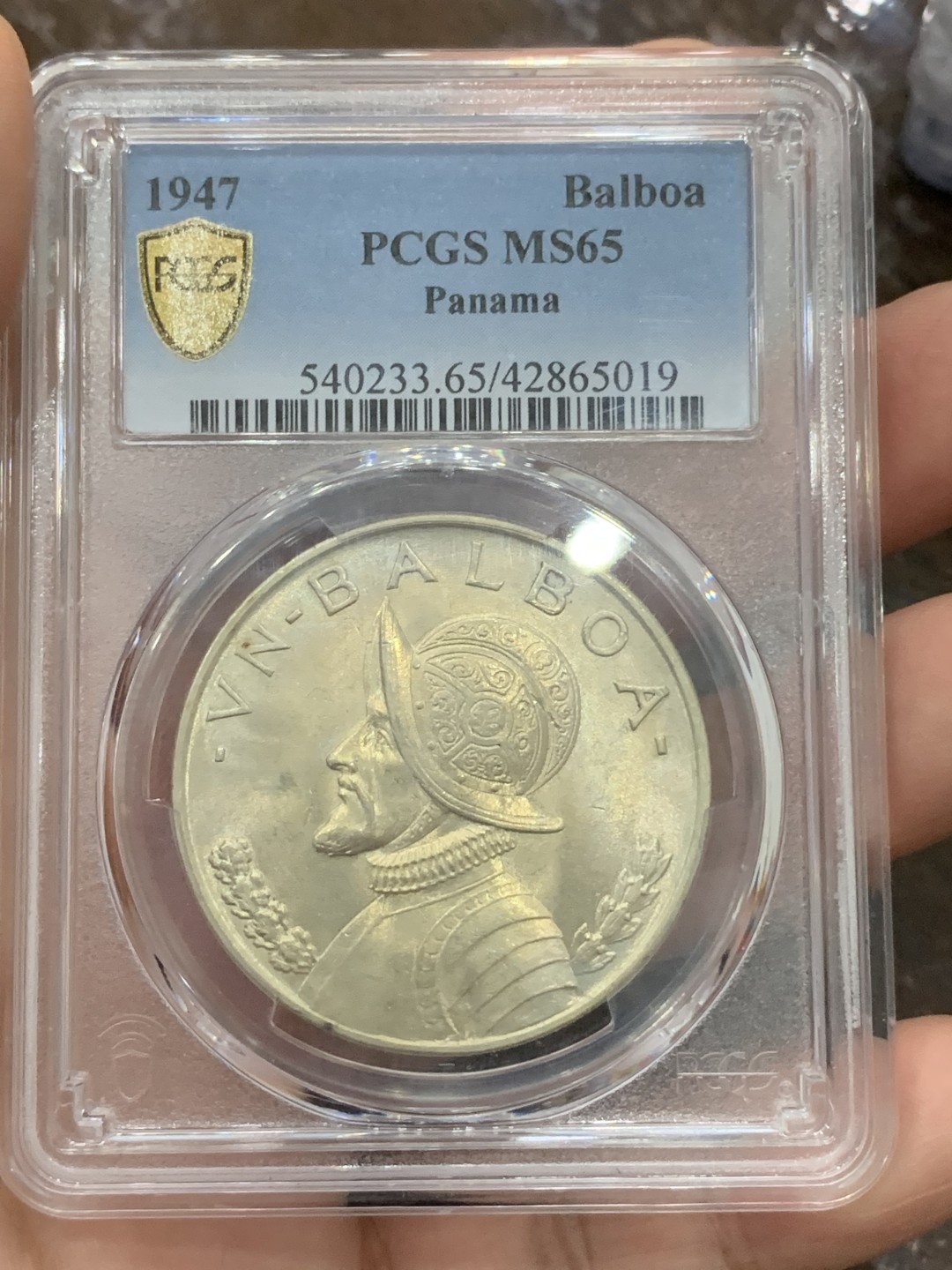 《竞宝斋》第106场-周日，周一 2场连拍（全场包邮） PCGS-MS65 巴拿马 1947年 1巴波亚武士、胜利女神银币 镜面地板 状态极好