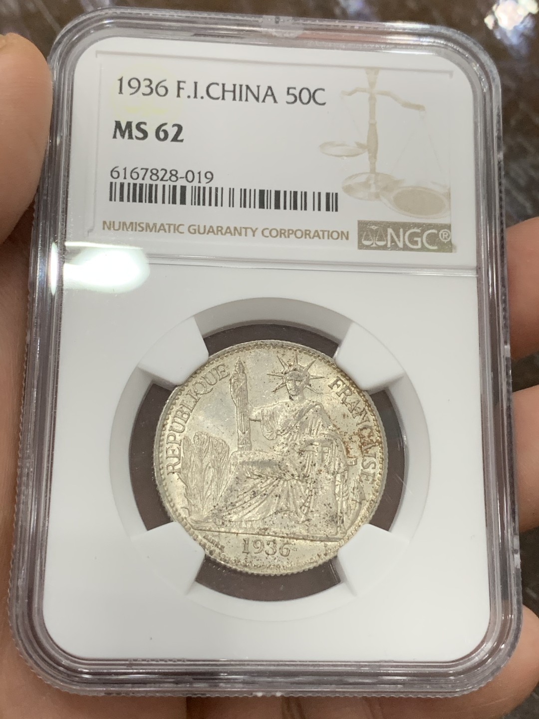 《竞宝斋》第106场-周日，周一 2场连拍（全场包邮） NGC MS62 法属印支1936年坐洋50分银币 原光品相