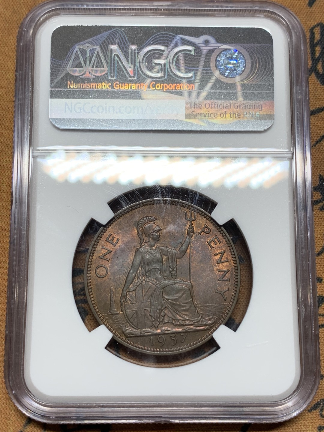 《竞宝斋》第106场-周日，周一 2场连拍（全场包邮） NGC-MS63BN 英国1937年乔治六世1便士铜币，乔治六世1便士首年份 巧克力包浆