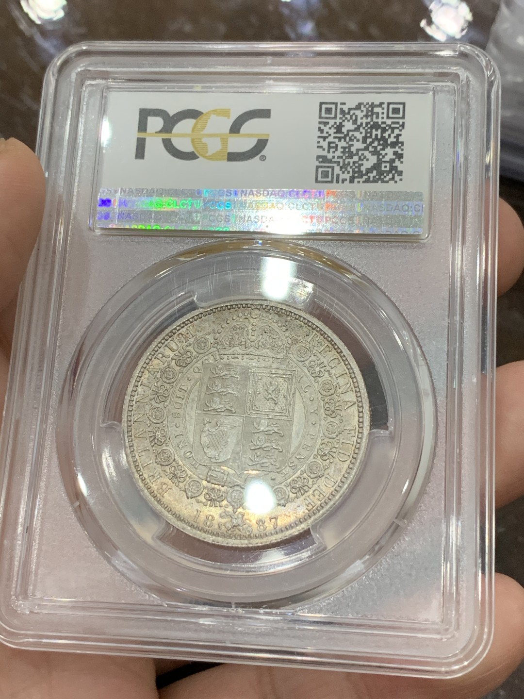《竞宝斋》第106场-周日，周一 2场连拍（全场包邮） PCGS  MS64 英国 1887年 维多利亚 女王 半克朗银币 高分好状态 淡彩包浆