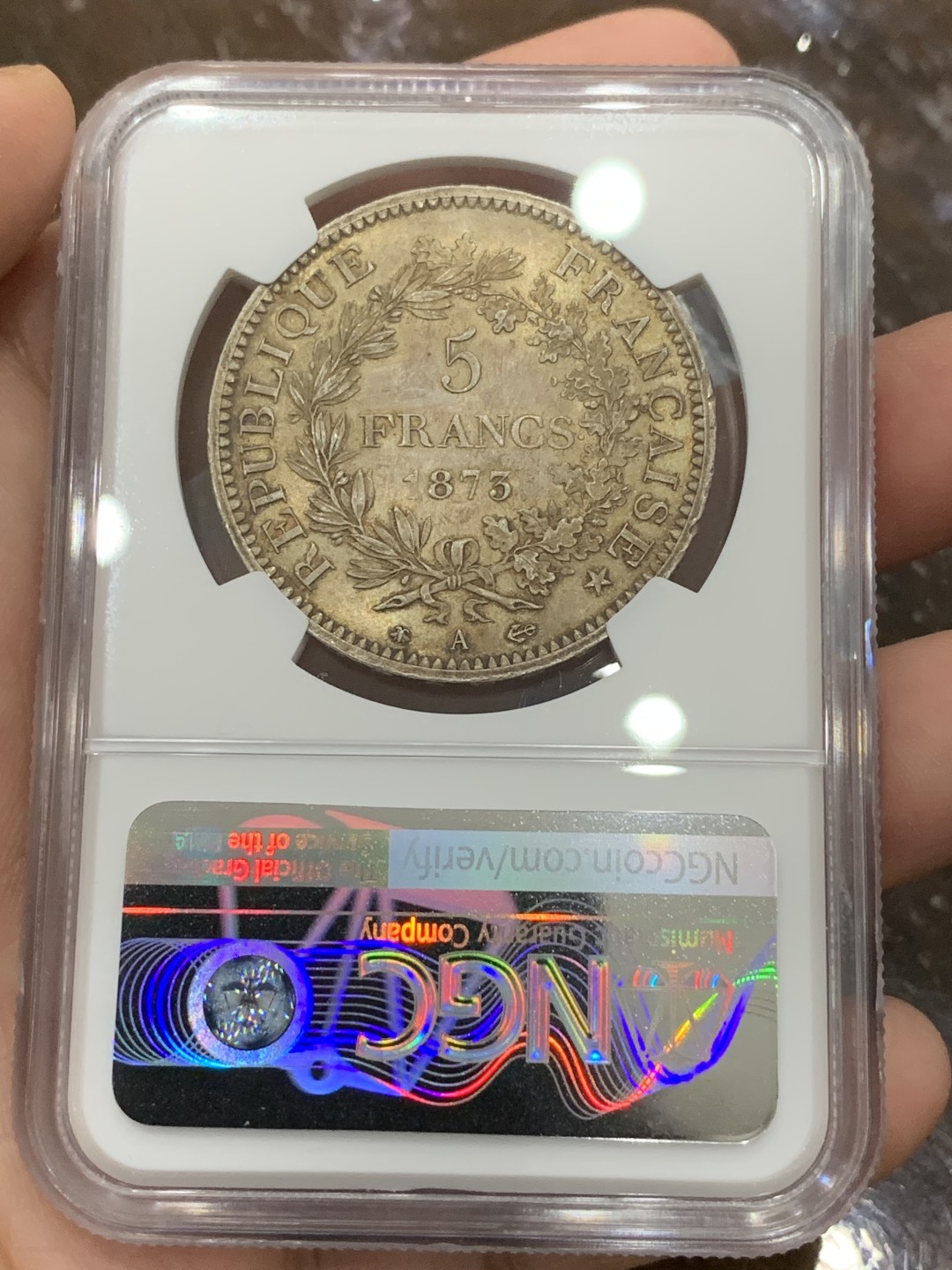 《竞宝斋》第106场-周日，周一 2场连拍（全场包邮） NGC-MS64 法国1873年 大力神5法郎银币 五彩包浆非常漂亮
