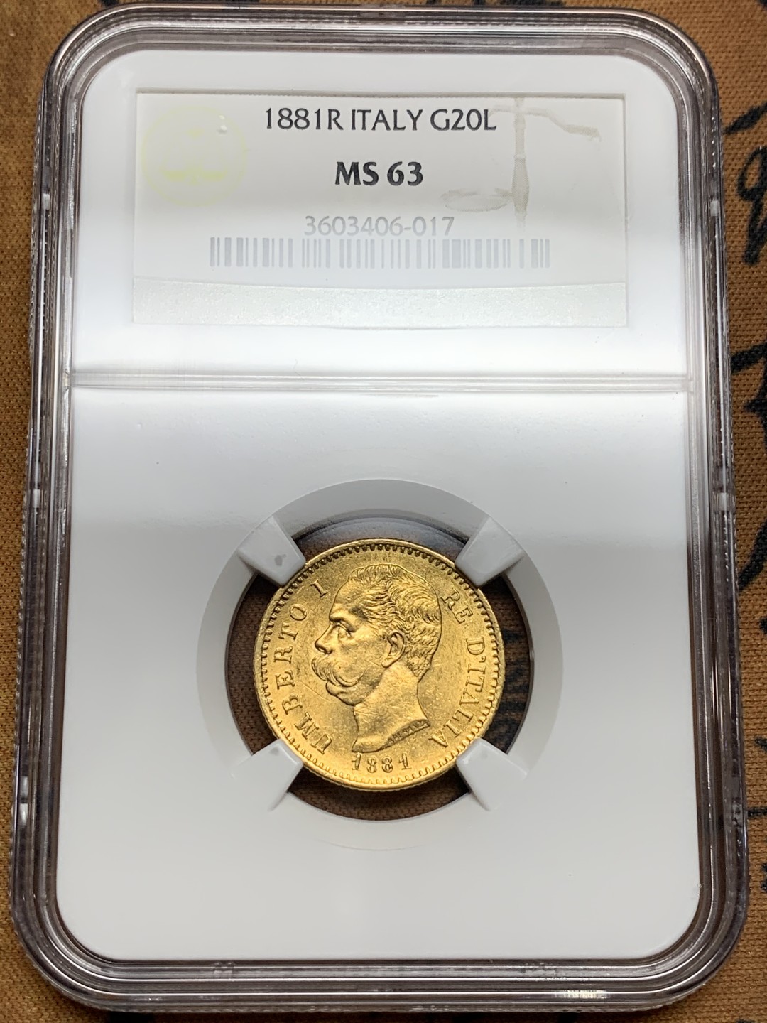 《竞宝斋》第106场-周日，周一 2场连拍（全场包邮） NGC MS63 意大利 1881年 翁贝托一世 20里拉金币 6.45克 状态好