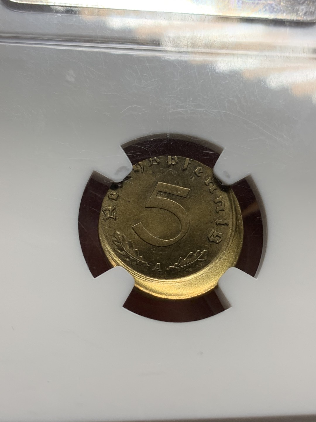 《竞宝斋》第106场-周日，周一 2场连拍（全场包邮） NGC-MS63 MINT ERROR 德国 1938年 第三帝国5芬尼偏打错币 唯一冠军分 2020.9.6同分成交价¥2,387.36