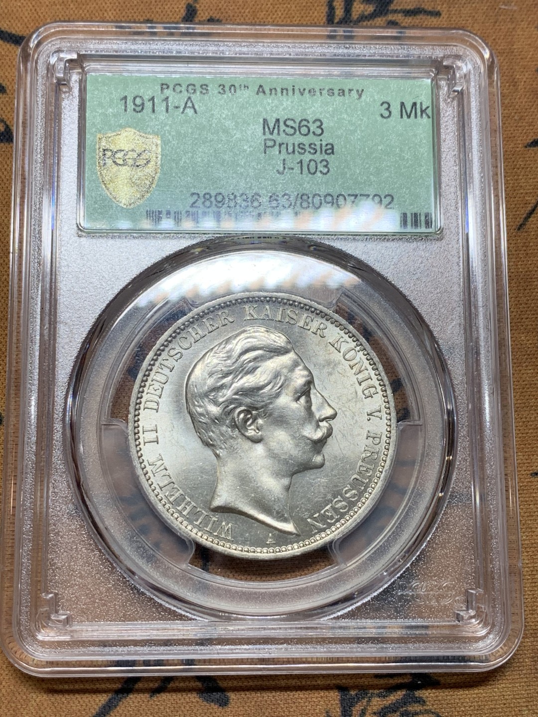 《竞宝斋》第106场-周日，周一 2场连拍（全场包邮） PCGS-MS63 德国1911年普鲁士3马克 银币，原卷光，PCGS 35周年盒子