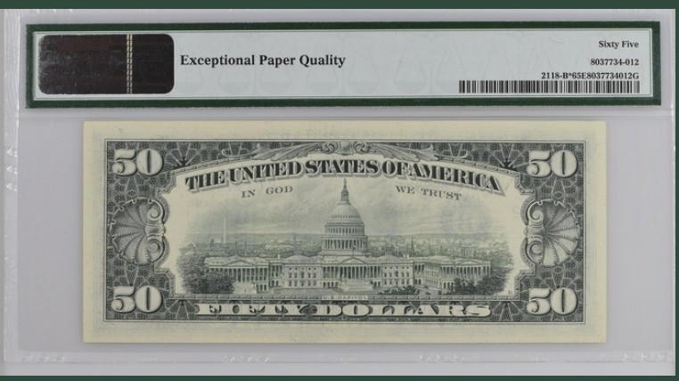 收藏联盟Quantum Auction 第199期拍卖  美国1974年联邦储备券50元 PMG65 星补号冠军分