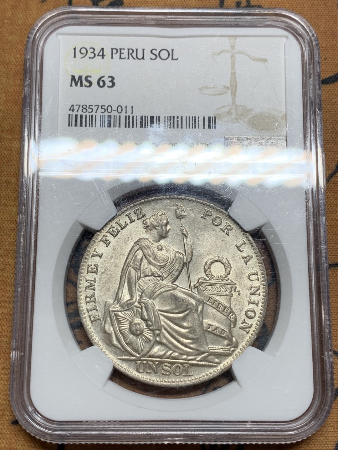 《竞宝斋》第106场-周日，周一 2场连拍（全场包邮） NGC-MS63 秘鲁1934年 1索尔大银币 原光好品 较少见的品种