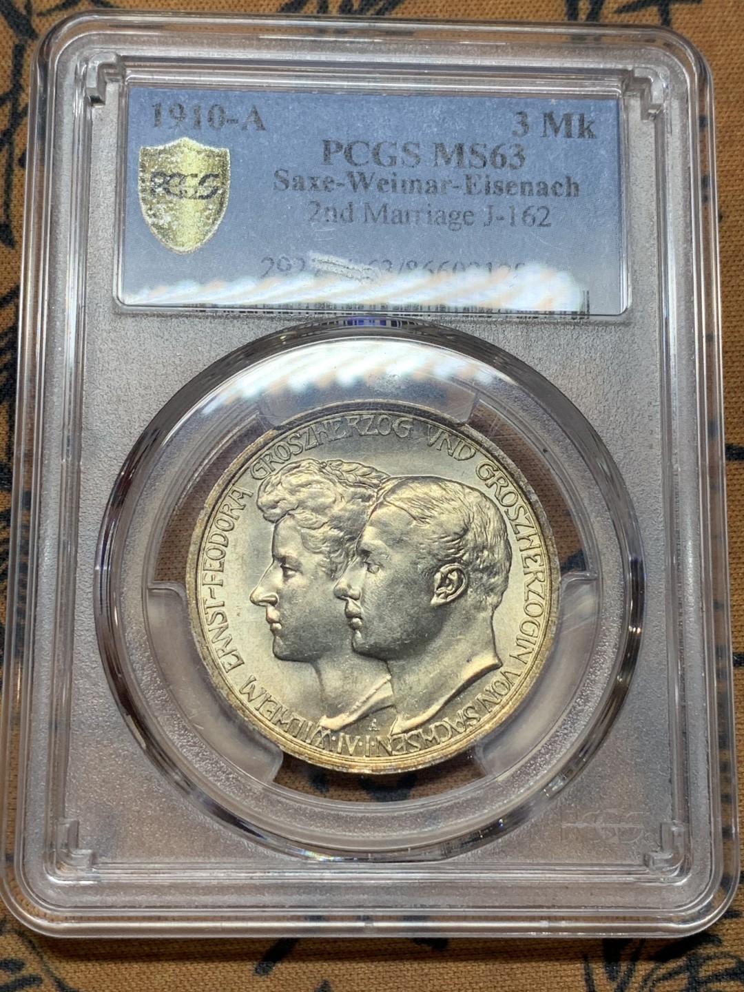 《竞宝斋》第106场-周日，周一 2场连拍（全场包邮） PCGS MS63 德国萨克斯魏玛艾森纳赫 1910年 3马克 银币