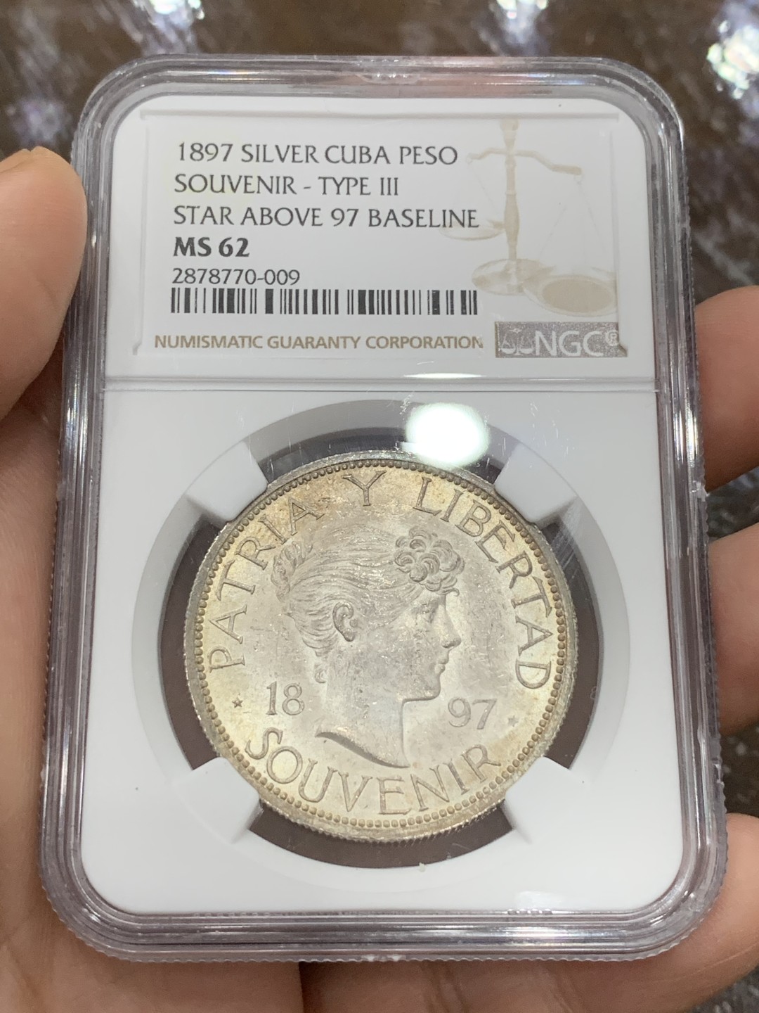 《竞宝斋》第106场-周日，周一 2场连拍（全场包邮） NGC MS62 古巴1897年少女头像1比索银币 原光少见TYPE3版本