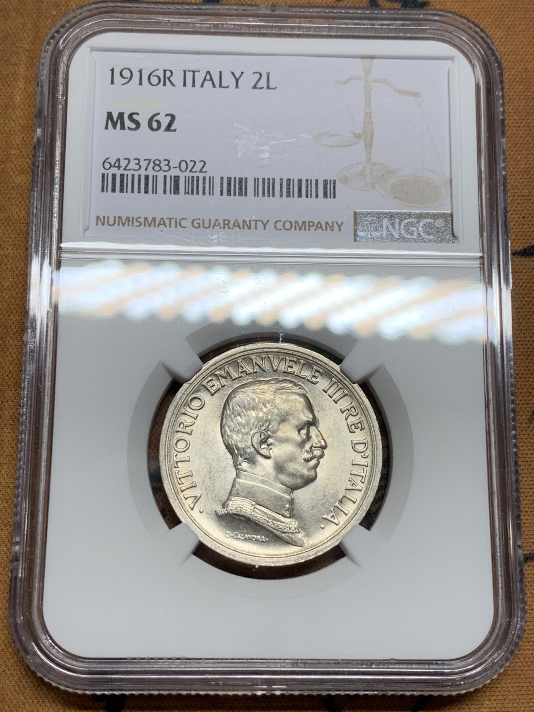 《竞宝斋》第106场-周日，周一 2场连拍（全场包邮） NGC-MS62 意大利1916年 胜利马车 2里拉银币 原光好品