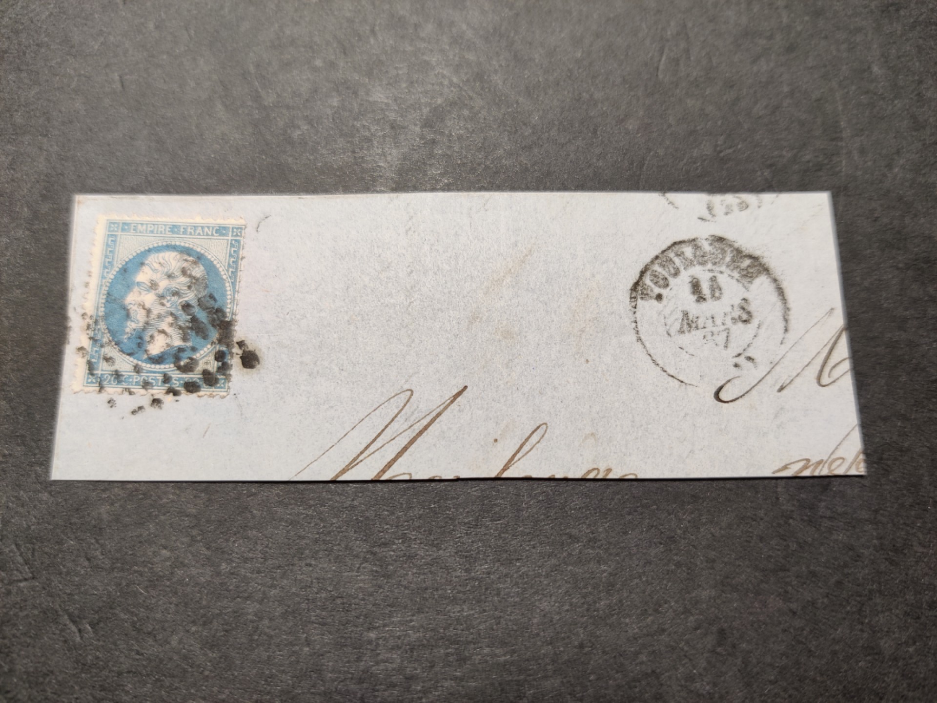 洪涛臻品 精选邮票限时拍卖第五十五期 1862年法国拿破仑三世20分邮票(2008年新票定价190美元)实寄封剪片,1867年3月11日寄。少见的极早古典邮品！多年收藏，每件都是唯一, 本期一次性上完, 唯一机会！清代大龙邮票上任意1枚盖1878年的邮戳早在一二十年前全世界都能卖一两万美元,这枚比1878年的大龙邮戳还要早10多年！终生保真！