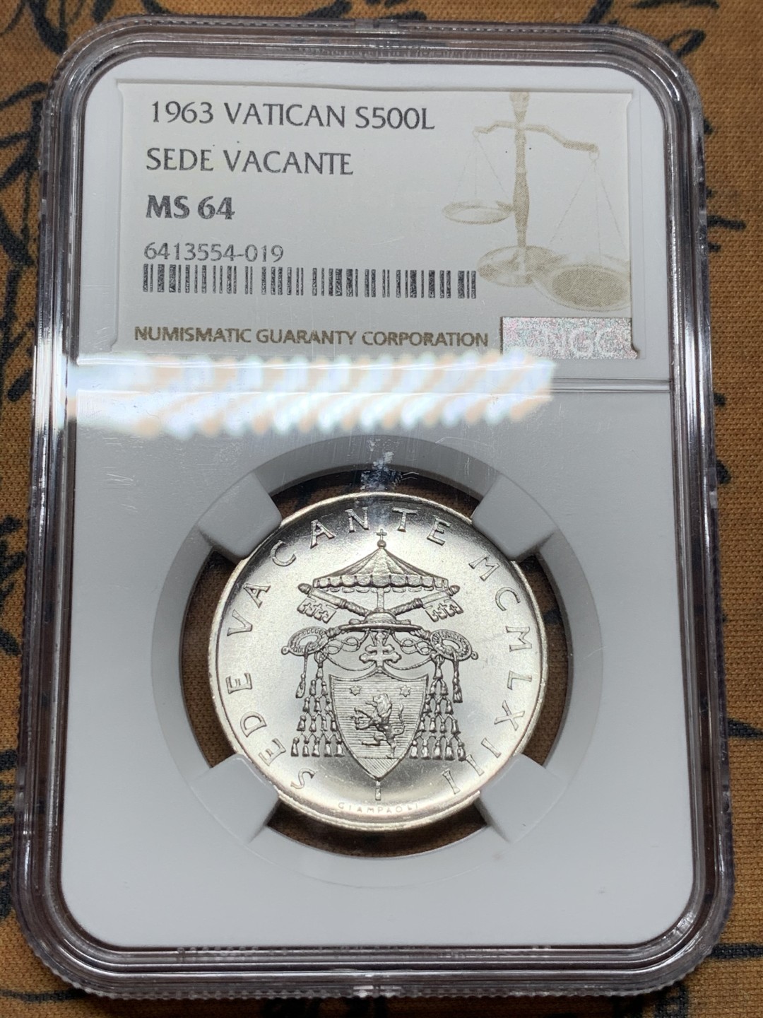 《竞宝斋》第106场-周日，周一 2场连拍（全场包邮） NGC MS64 梵蒂冈1963年缺位500里拉银币