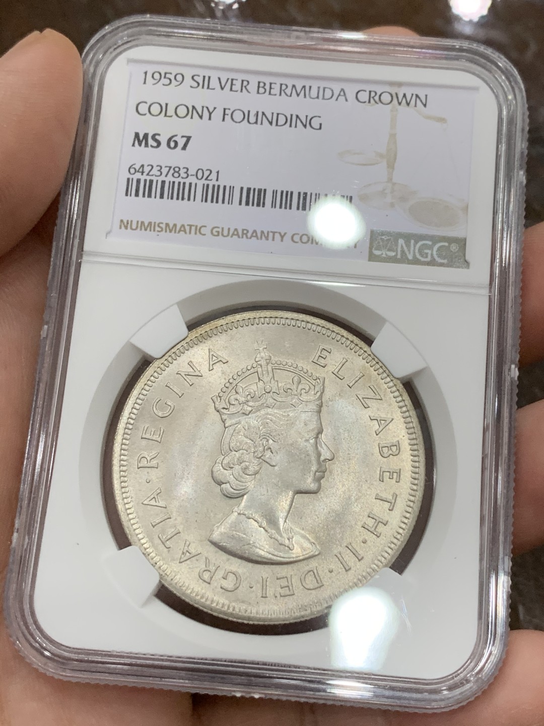 《竞宝斋》第106场-周日，周一 2场连拍（全场包邮） NGC-MS67 百慕大1959年 殖民地纪念 1克朗大银币 顶级品相 变态高分