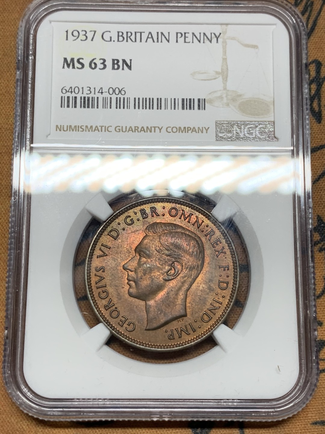 《竞宝斋》第106场-周日，周一 2场连拍（全场包邮） NGC-MS63BN 英国1937年乔治六世1便士铜币，乔治六世1便士首年份 巧克力包浆