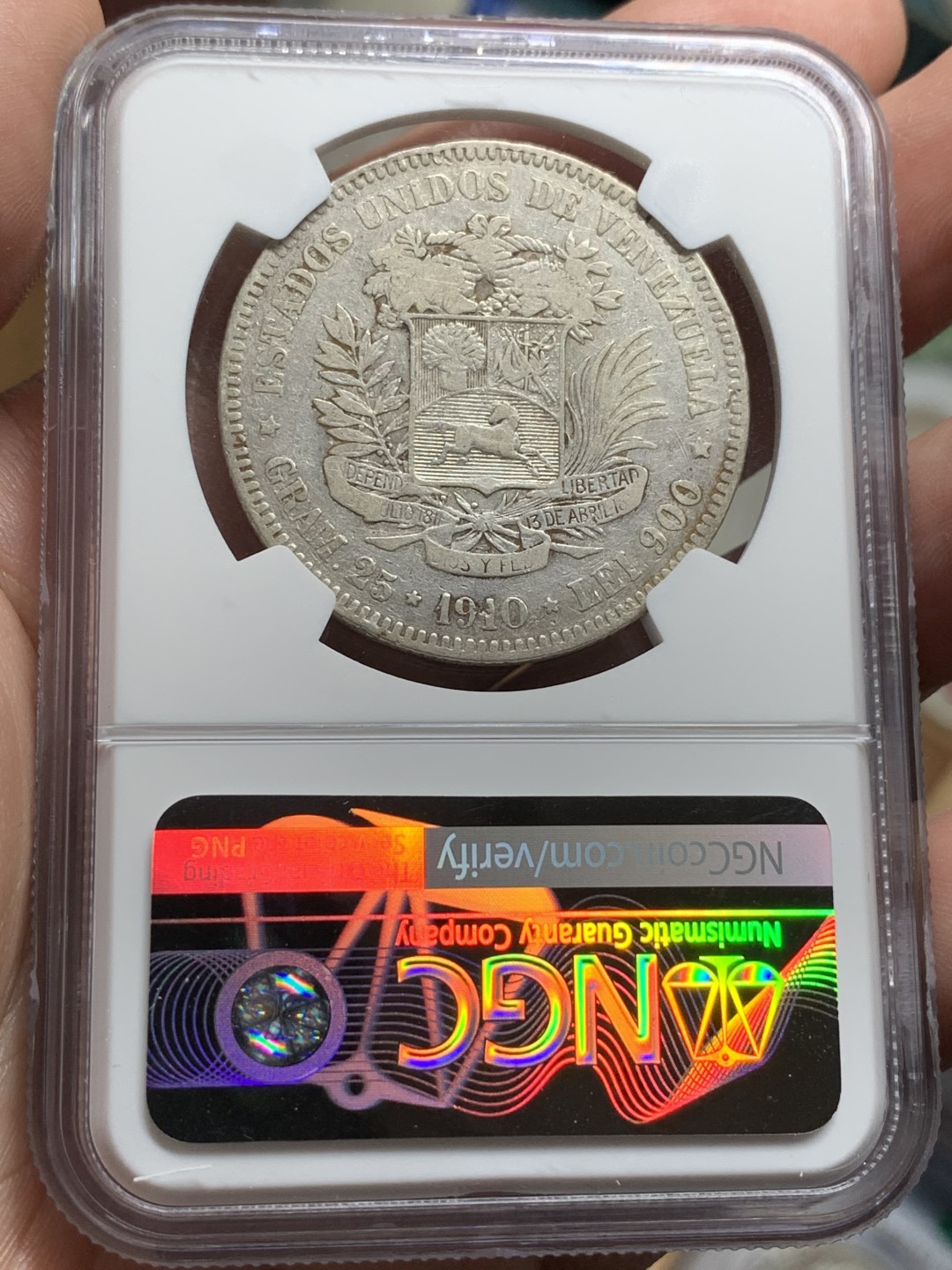 《竞宝斋》第106场-周日，周一 2场连拍（全场包邮） NGC-VFD 委内瑞拉 1910年 5玻利瓦尔银币 早期年份