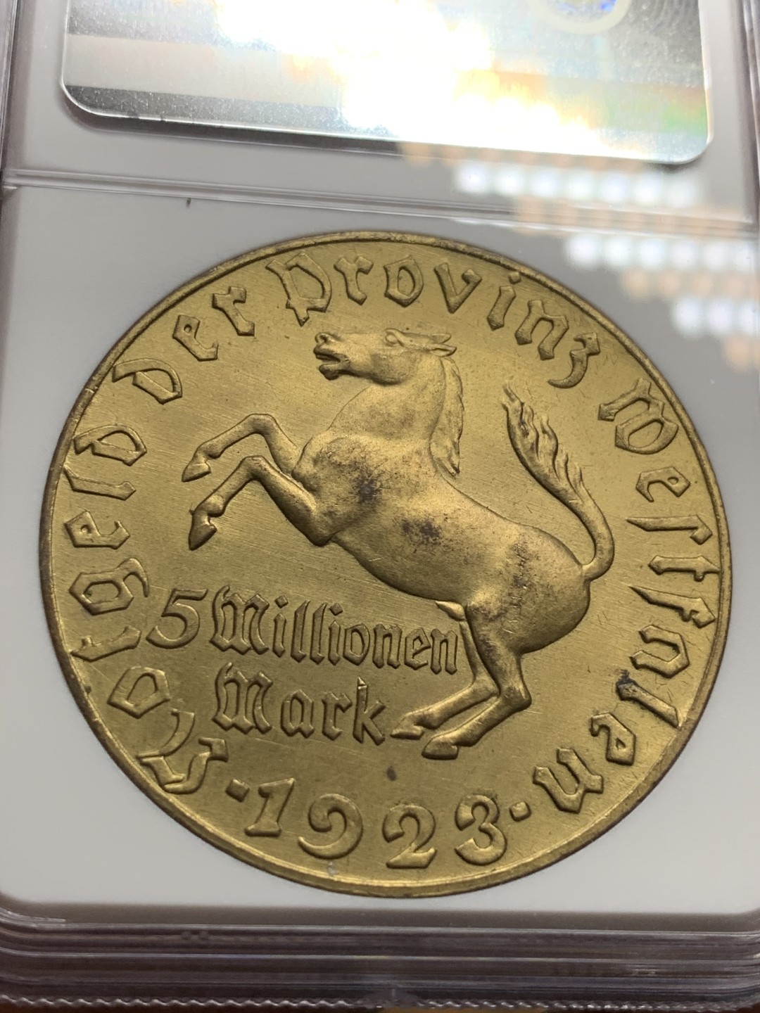 《竞宝斋》第106场-周日，周一 2场连拍（全场包邮） NGC-MS64 德国魏玛共和国 1923年 大马币 500万马克 铜币