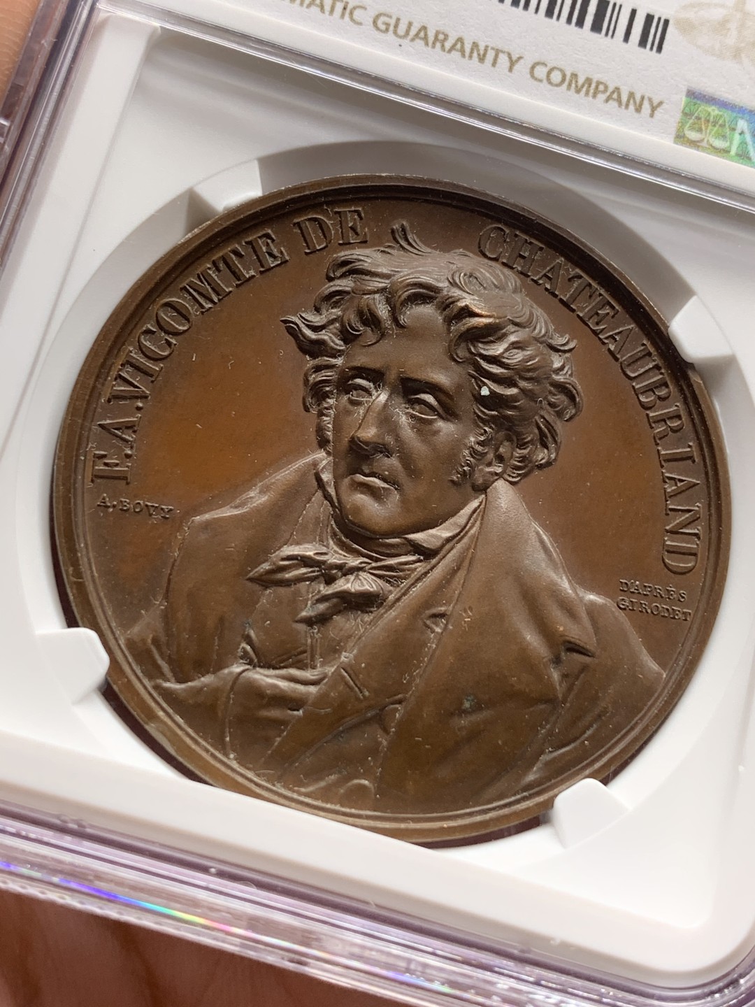 《竞宝斋》第106场-周日，周一 2场连拍（全场包邮） NGC MS64 加厚盒1844法国作家外交家夏多布里昂纪念铜章 巧克力色高浮雕