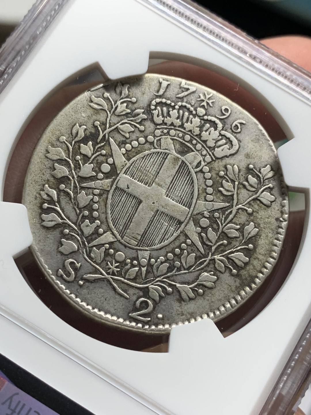 《竞宝斋》第106场-周日，周一 2场连拍（全场包邮） NGC-VF 马耳他骑士团1796年 伊曼纽尔.罗汉 2Scudi银币 非常少见的品种