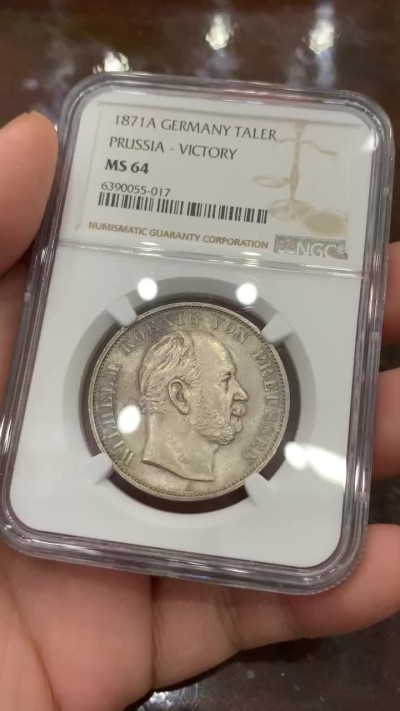 《竞宝斋》第106场-周日，周一 2场连拍（全场包邮） NGC-MS64 德国1871年普鲁士胜利泰勒，近期涨价的品种 高分好包浆
