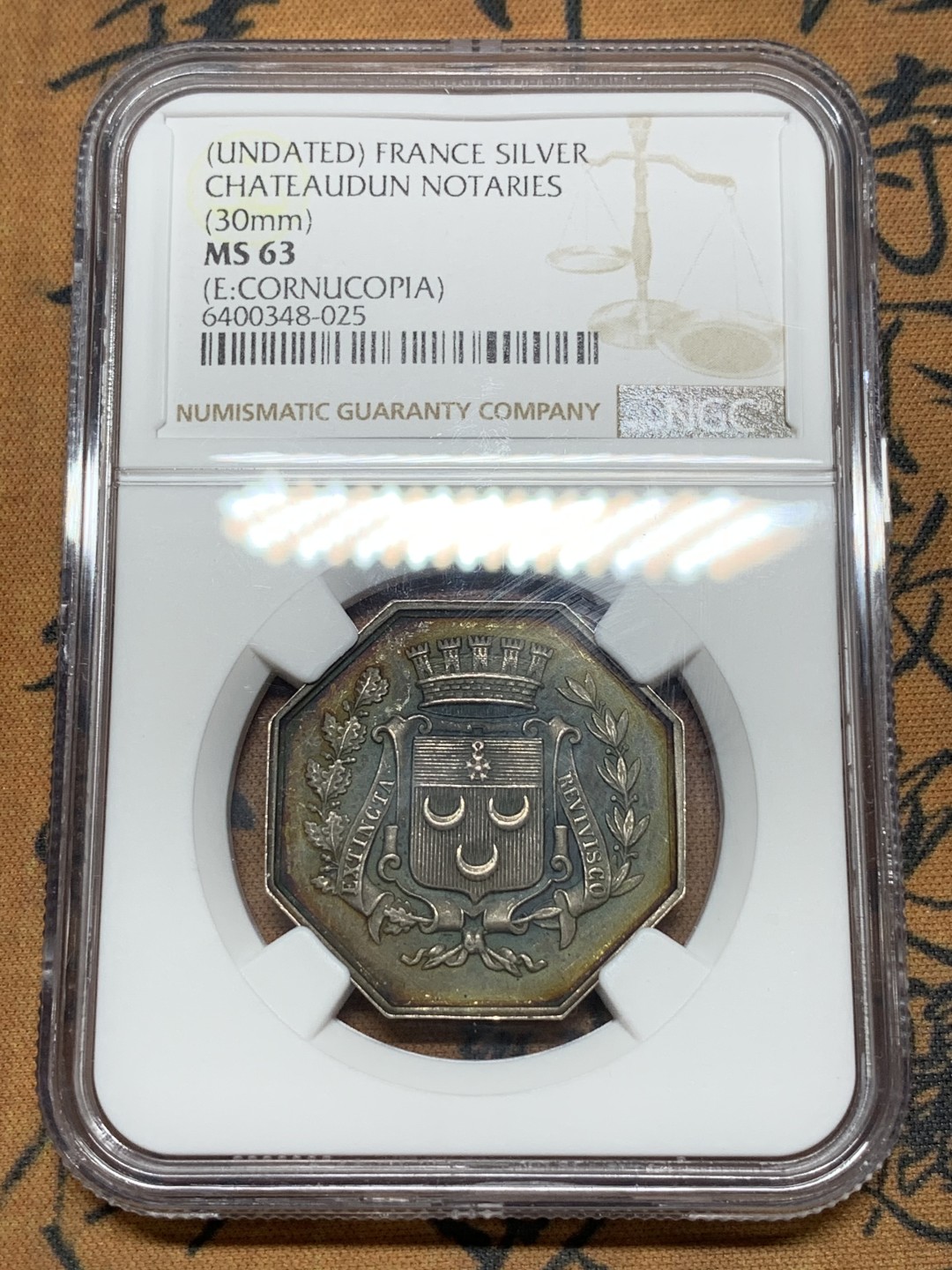 《竞宝斋》第106场-周日，周一 2场连拍（全场包邮） NGC MS63 19世纪法国查特顿公证处八角银章代用币 品相状态一流 包浆五彩 温润