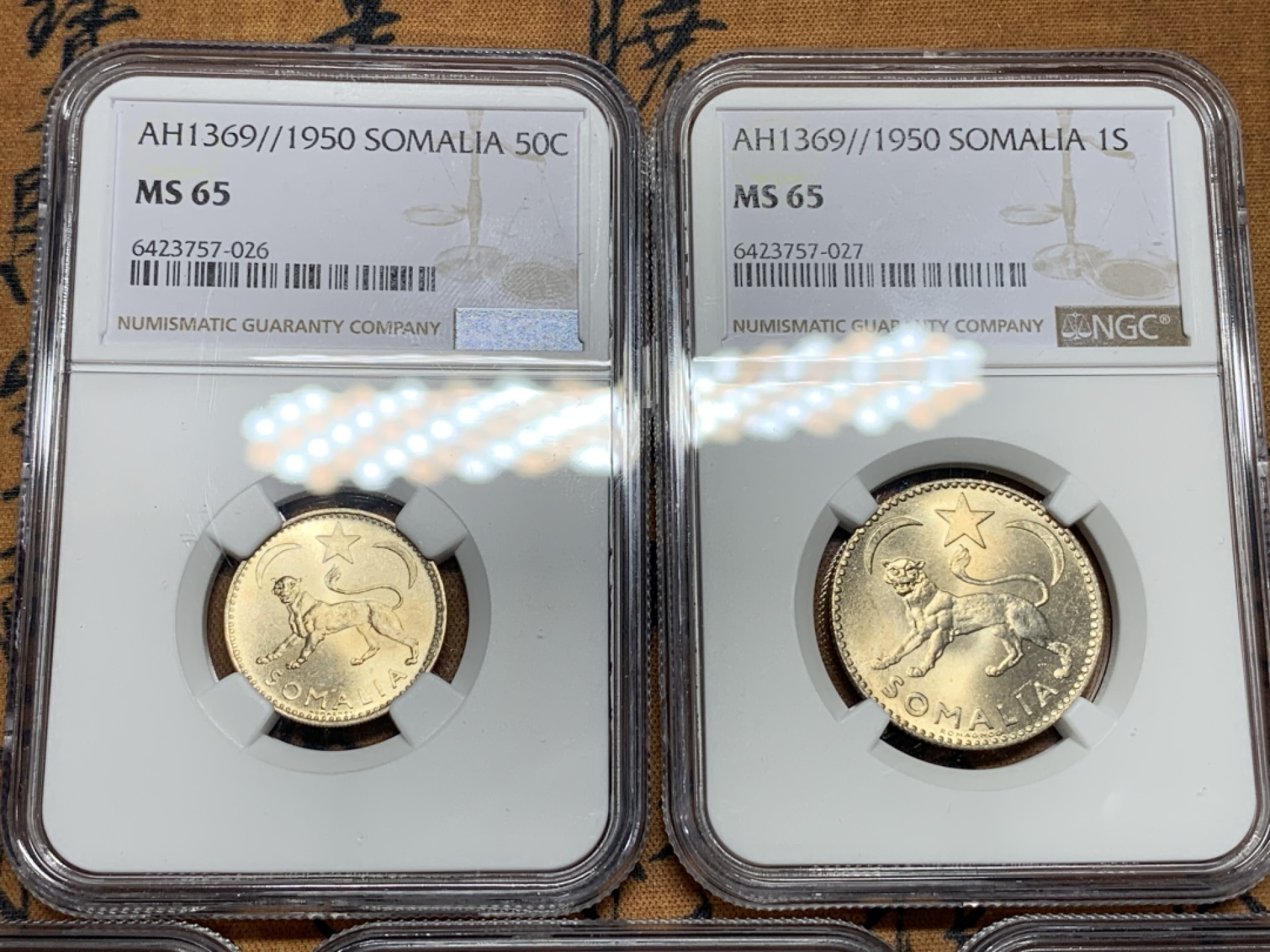 《竞宝斋》第106场-周日，周一 2场连拍（全场包邮） NGC MS65  意托索马里1950 顶级全套币 （含两枚银币）