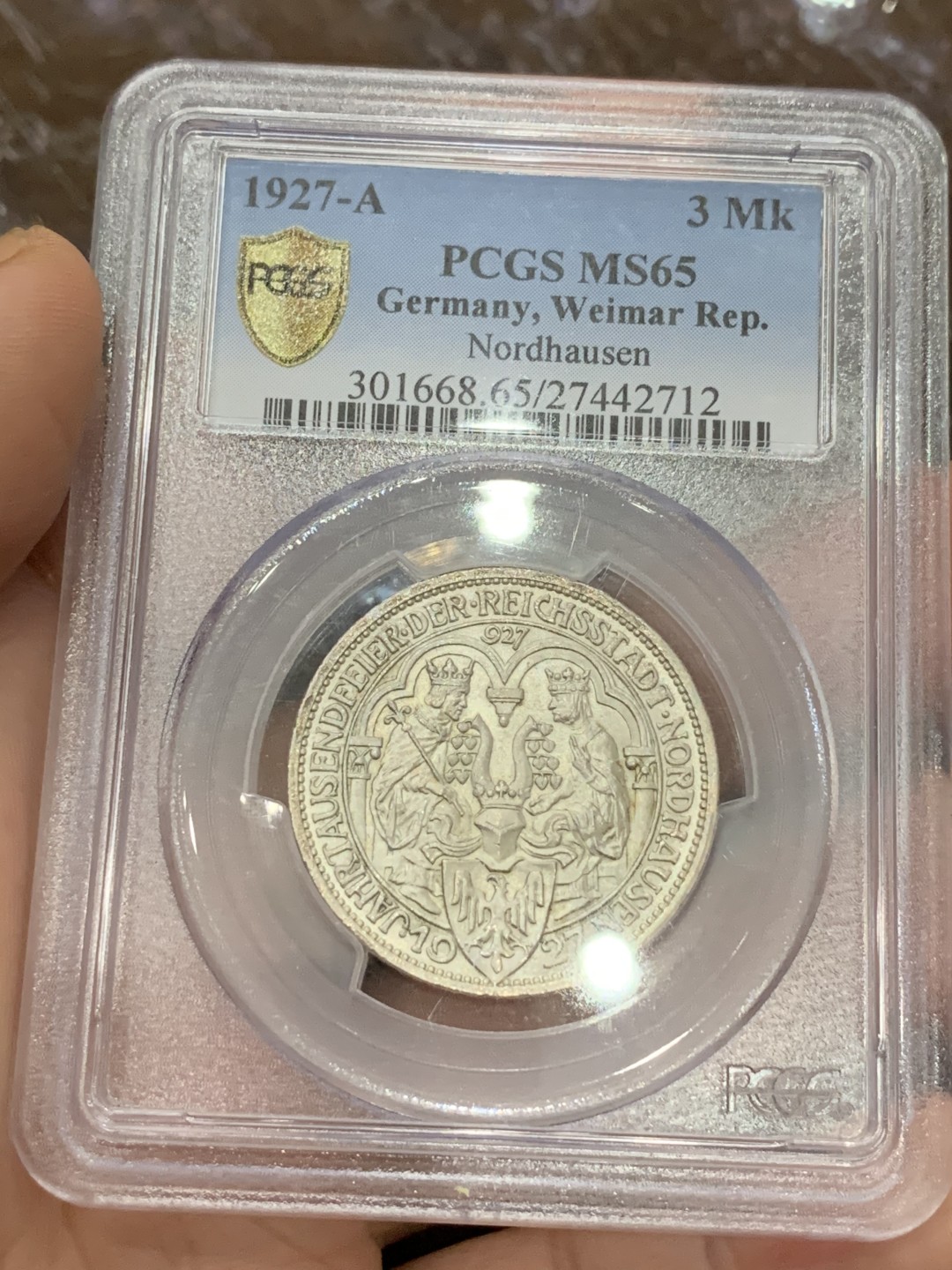 《竞宝斋》第106场-周日，周一 2场连拍（全场包邮） PCGS MS65 德国1927年魏玛诺德豪森纪念3马克银币，原光高分