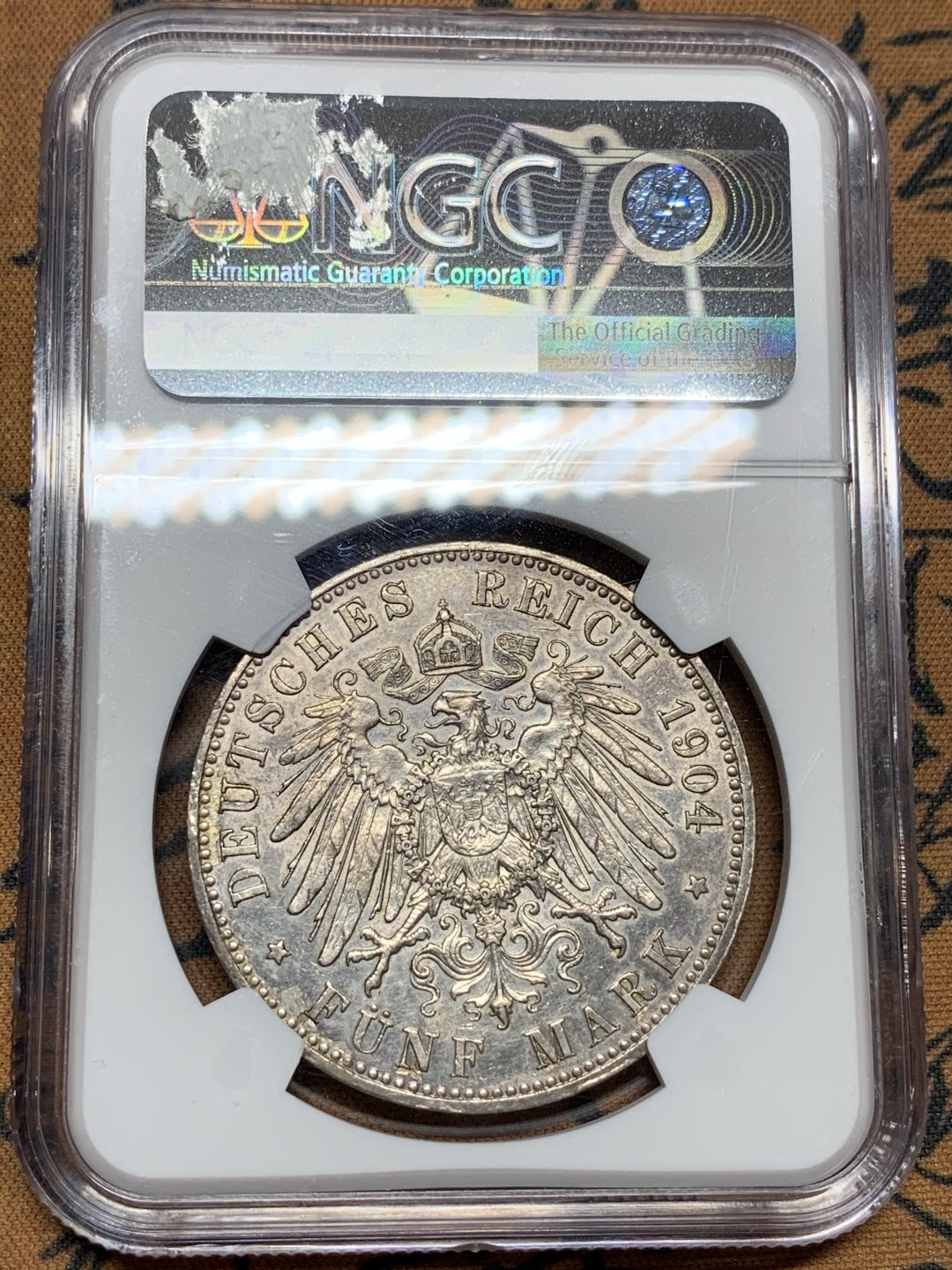 《竞宝斋》第106场-周日，周一 2场连拍（全场包邮） NGC AU 德国 梅克伦堡 什未林 1904年 结婚纪念5马克 银币