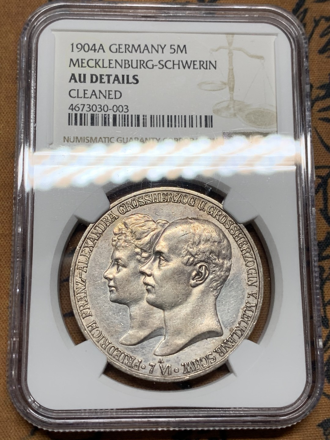 《竞宝斋》第106场-周日，周一 2场连拍（全场包邮） NGC AU 德国 梅克伦堡 什未林 1904年 结婚纪念5马克 银币