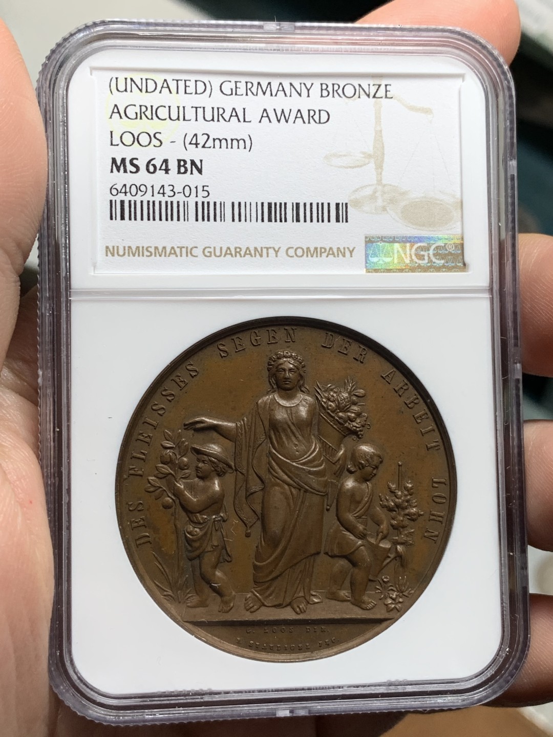 《竞宝斋》第106场-周日，周一 2场连拍（全场包邮） NGC MS64BN 德国农业大赛奖章约1850前后 巧克力色 方寸之间 细节极其丰富