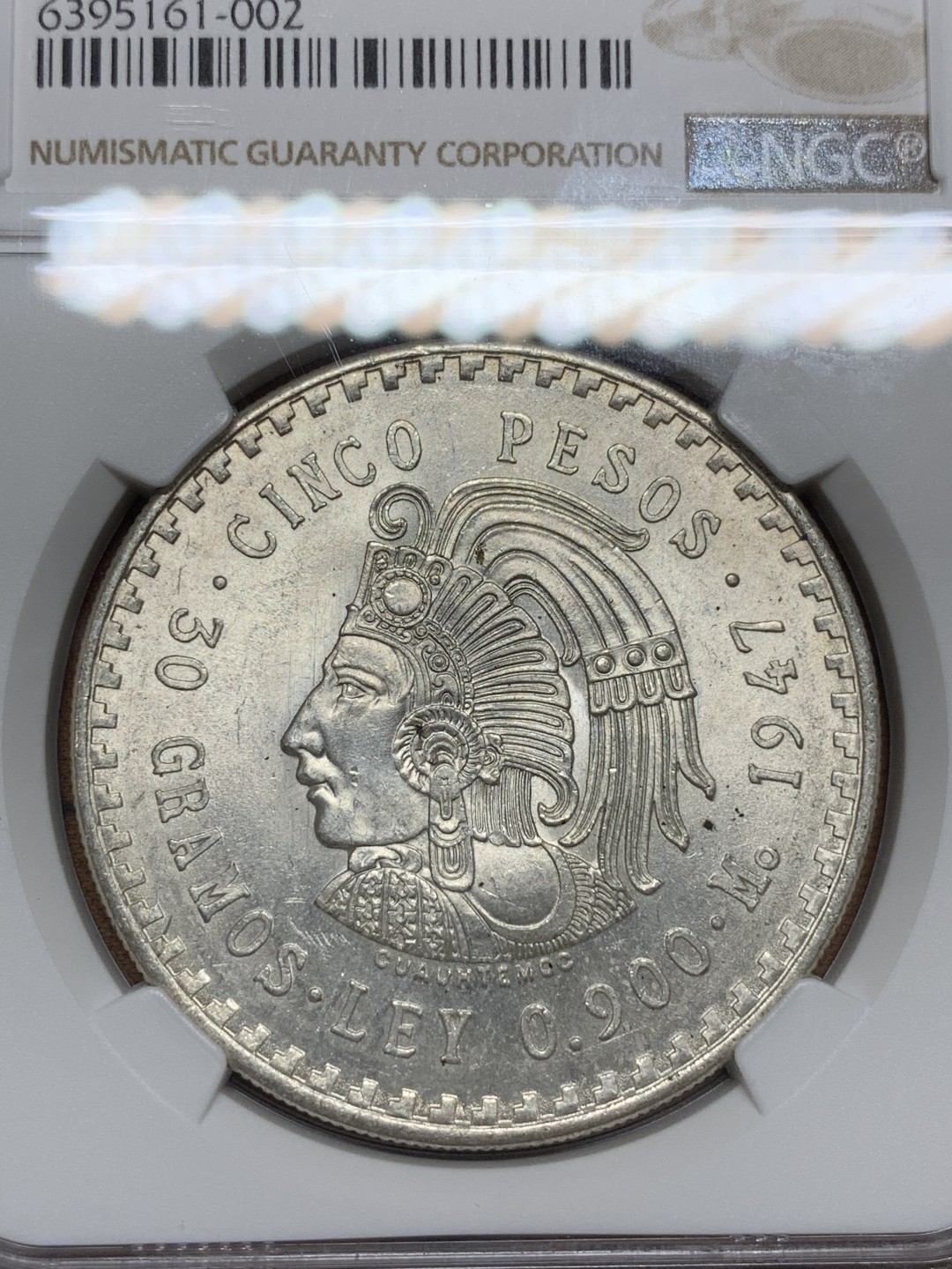 《竞宝斋》第106场-周日，周一 2场连拍（全场包邮） NGC-MS63 墨西哥1947年 印第安人头像5比索大银币 原光好品