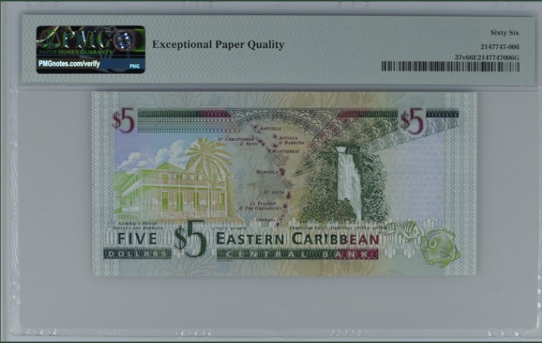 收藏联盟Quantum Auction 第199期拍卖  东加勒比/圣文森特2000年5元 PMG66