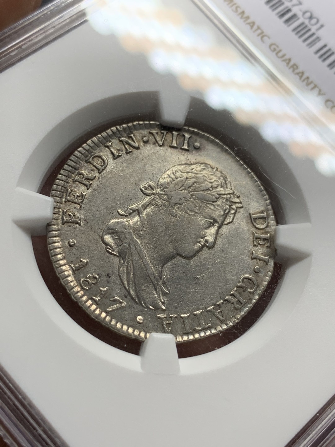 《竞宝斋》第106场-周日，周一 2场连拍（全场包邮） NGC AU55 西属秘鲁1817年费迪南七世2瑞尔银币，少见