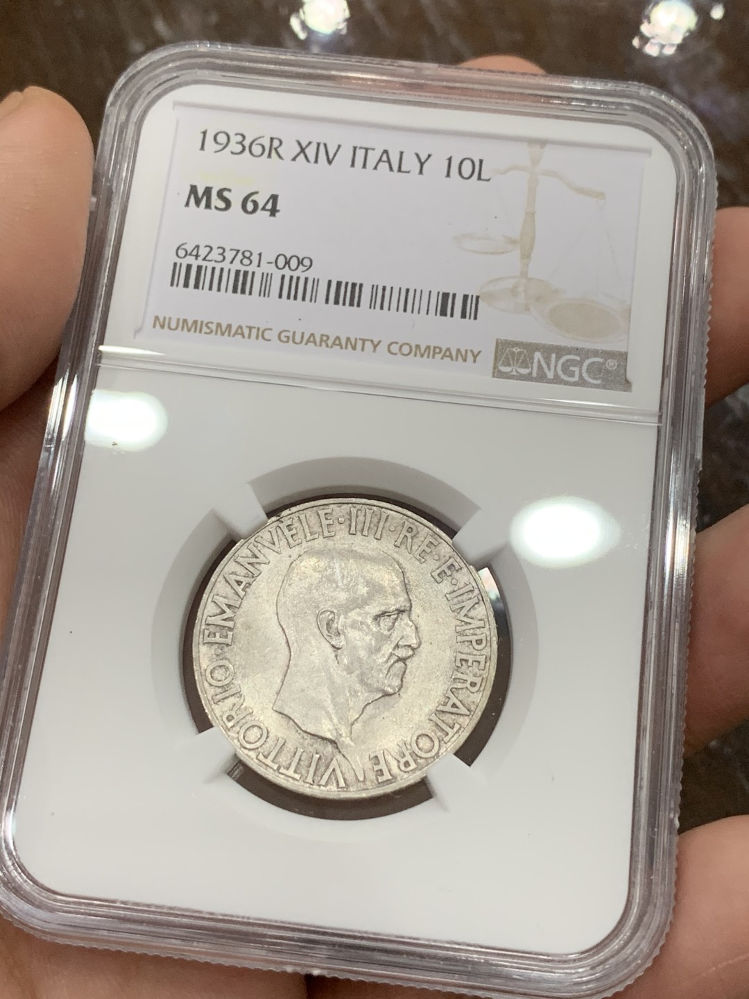 《竞宝斋》第106场-周日，周一 2场连拍（全场包邮） NGC-MS64 意大利1936年 艾曼纽尔三世 10里拉银币 少见品种 高分