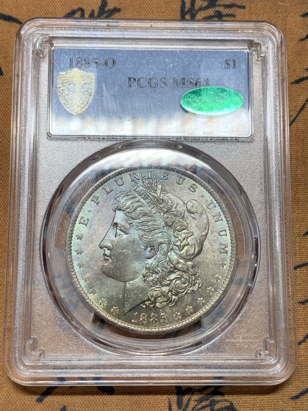 《竞宝斋》第106场-周日，周一 2场连拍（全场包邮） PCGS-MS64CAC 美国 1885年 摩根银币 女神面绿色满彩 鹰面镜面 底板干净